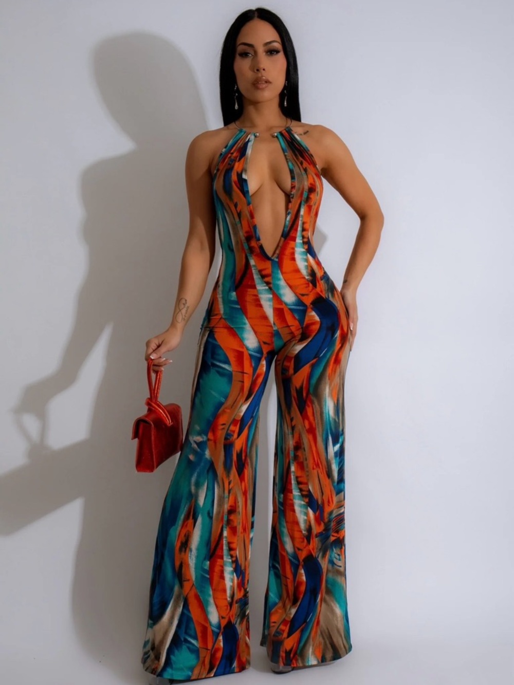 Plunging Halter Jumpsuit in Orange & Teal